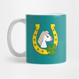 Cute White Horse with Golden Horse Shoe and Shamrock Mug